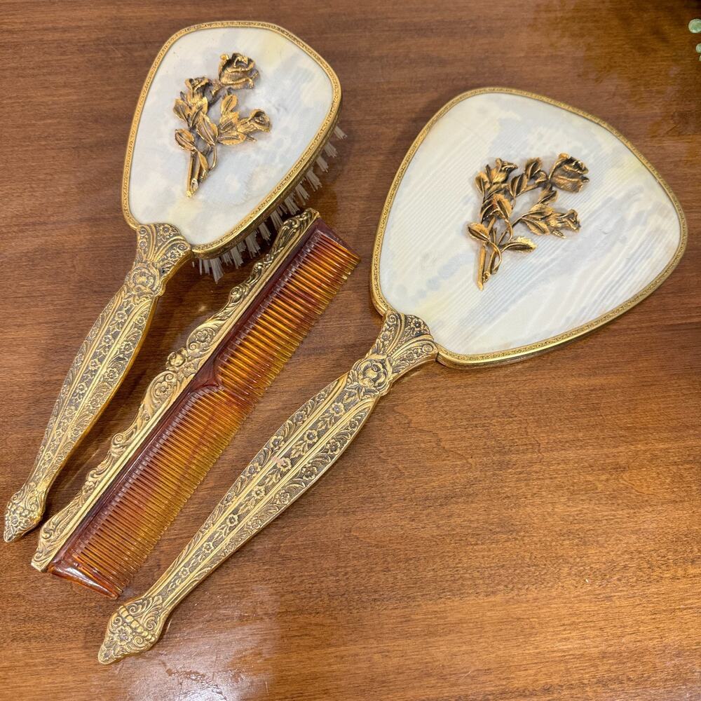 Vintage 3pc Vanity Set 24K Gold Finish Rose Mirror Brush Comb Ornate USA